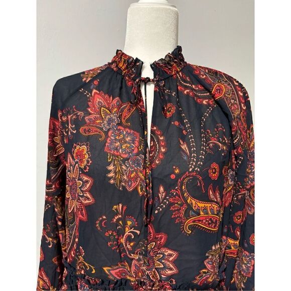 Loft Paisley smocked tie neck flouncy top boho long sleeve M - Picture 3 of 11